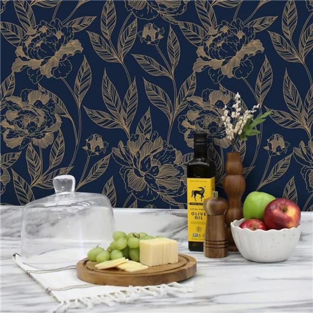 Vinjiasin Peel and Stick Wallpaper Blue and Gold Floral Contact Paper Modern